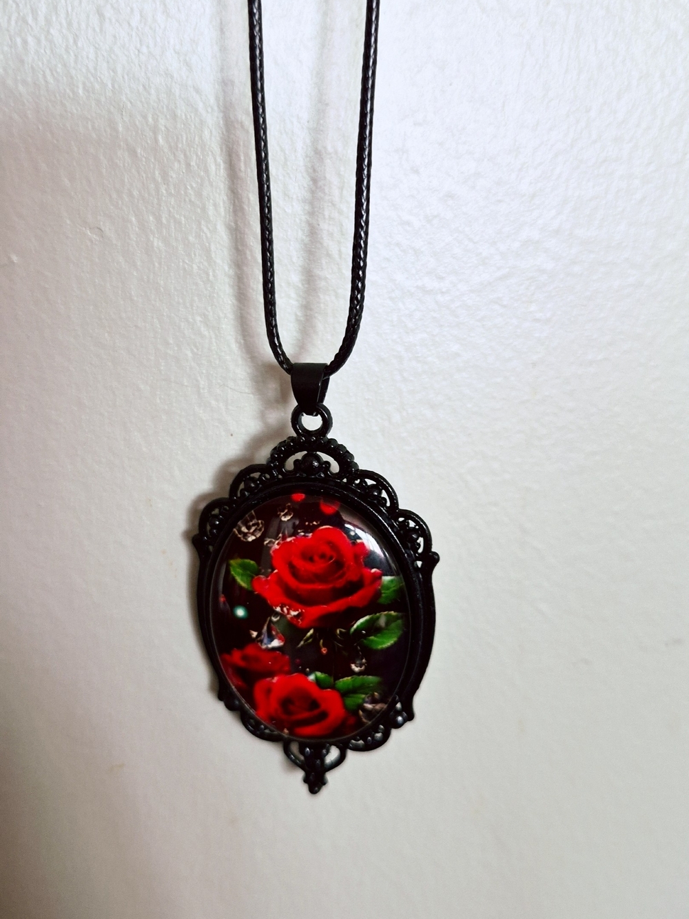 Black Pendant Necklace with Red Rose Motif